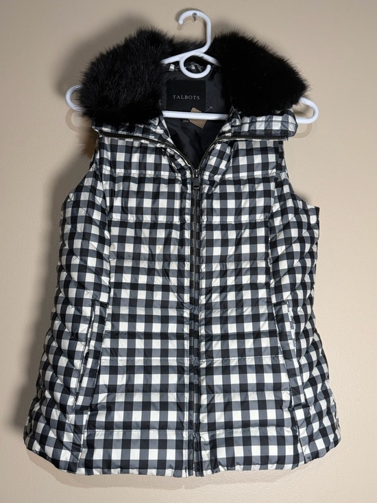 Talbots Jackets & Blazers - Talbots Black and White Gingham Puffer Vest with Faux Fur Hood